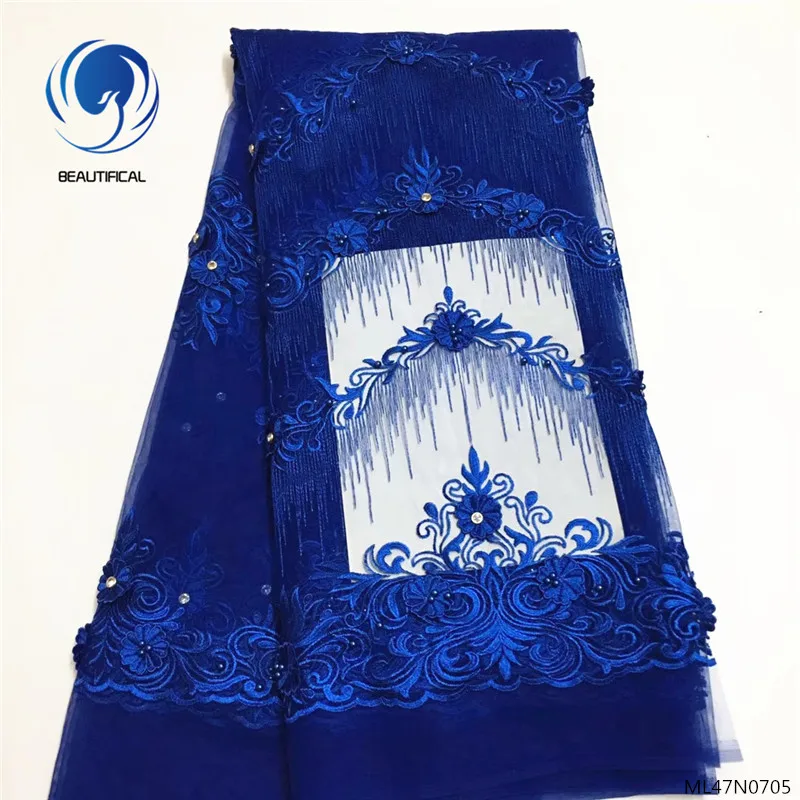 

Beautifical african lace fabrics 2019 blue lace dress with beads high quality laces fabrics for women 5yards/lot ML47N07