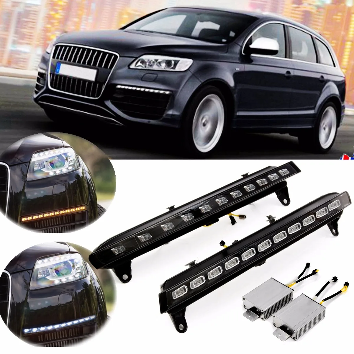

for Audi Q7 2007 2008 2009 Pair 12V LED White Daytime Running Lights DRL 6000-6700K with Yellow Turn Signal Lamp 11 LED /pcs