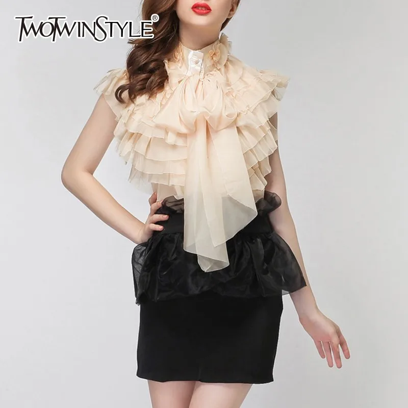  TWOTWINSTYLE Chiffon Blouse Tops Female Sleeveless Perspective Bowknot Ruffles Shirts For Women 201