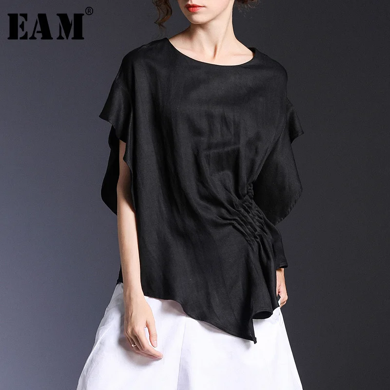 

[EAM] 2019 New Spring Summer Round Neck Short Sleeve Black Loose Pleated Irregular Sleeve T-shirt Women Fashion Tide JS503