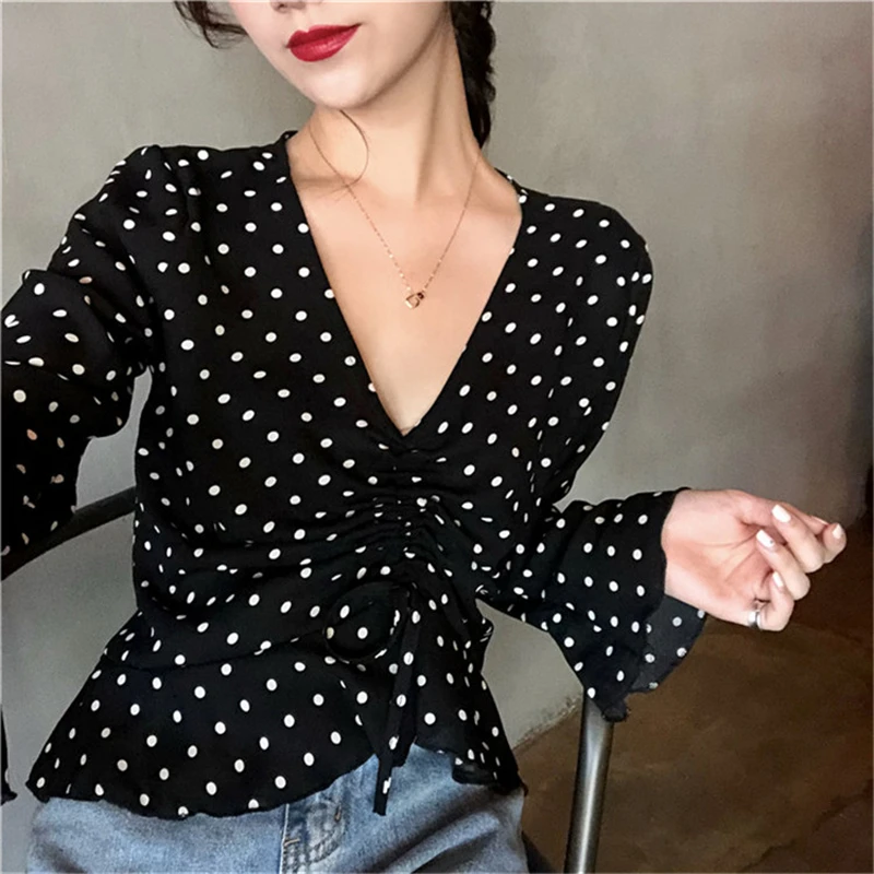 

Women Dot Chiffon Tops Kawaii Lace Up Ruffles Casual Shirt Summer Korea Fashion V-neck Flare Sleeve Top Slim Long Sleeve Shirt