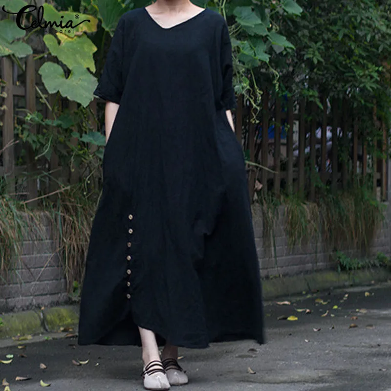 

Celmia S-5XL Women Long Maxi Dress 2019 Summer Short Sleeve Button Solid Vestidos Robe Femme Casual Loose Retro Shirt Dresses