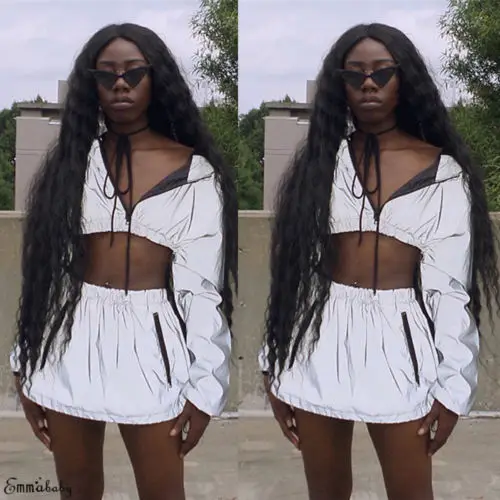 

Sexy Women Zipper Hip Hop Crop Top Skirt Clubwear Tracksuit Casual Bodycon Reflective Long Sleeve Crop Top Skirt Separate Sales