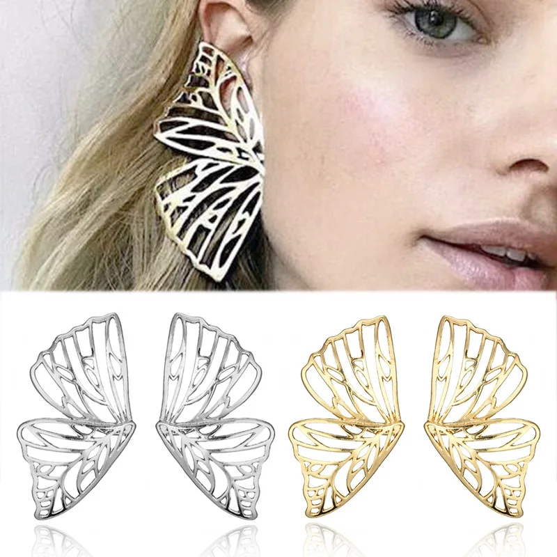 

Hollow Out Valentines Gift Girls Unique Beautiful Seaside Buterfly Golden Metal Large Wing 1Pair Drop Dangle Earring Silver