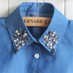 Новый Для женщин мода Съемные воротники голубой джинс деним Съемная Манишка жемчуга, бисера алмазов воротник для рубашка свитер