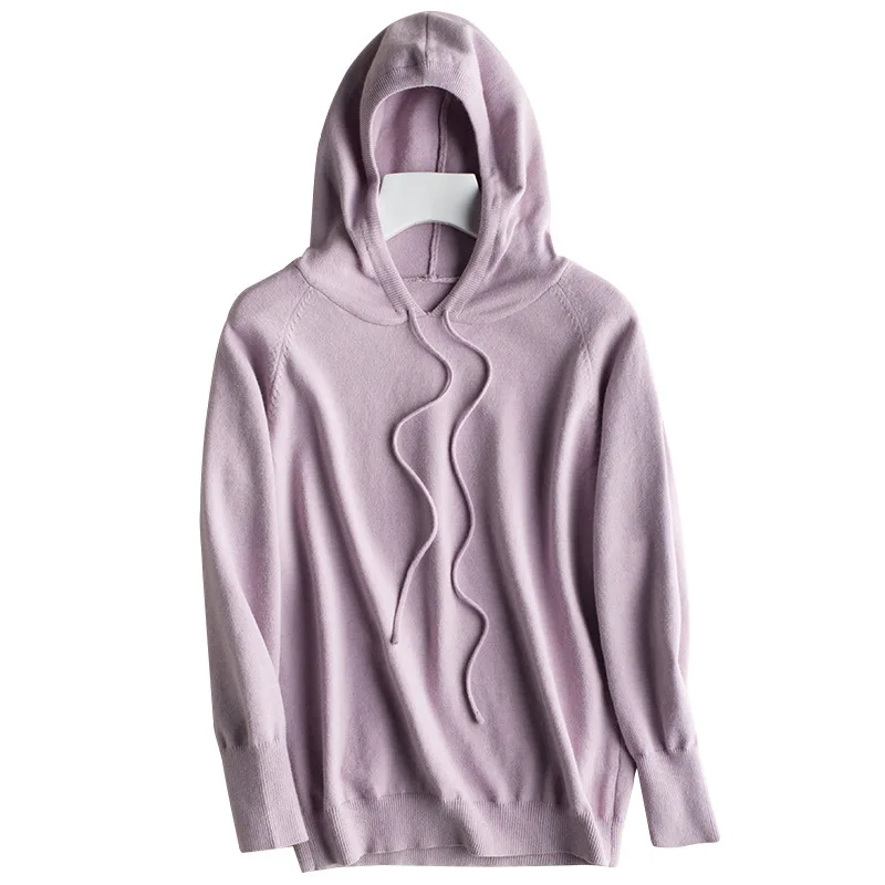 Women's Hooded Sweater Cashmere Blended Loose Sweater Solid Color Student Knitted Casual Tops Pink Color Pullover Sweaters