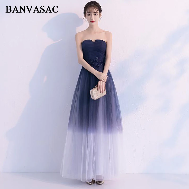 

BANVASAC 2019 Pleat Strapless Crystal Appliques A Line Long Evening Dresses Party Off The Shoulder Backless Prom Gowns