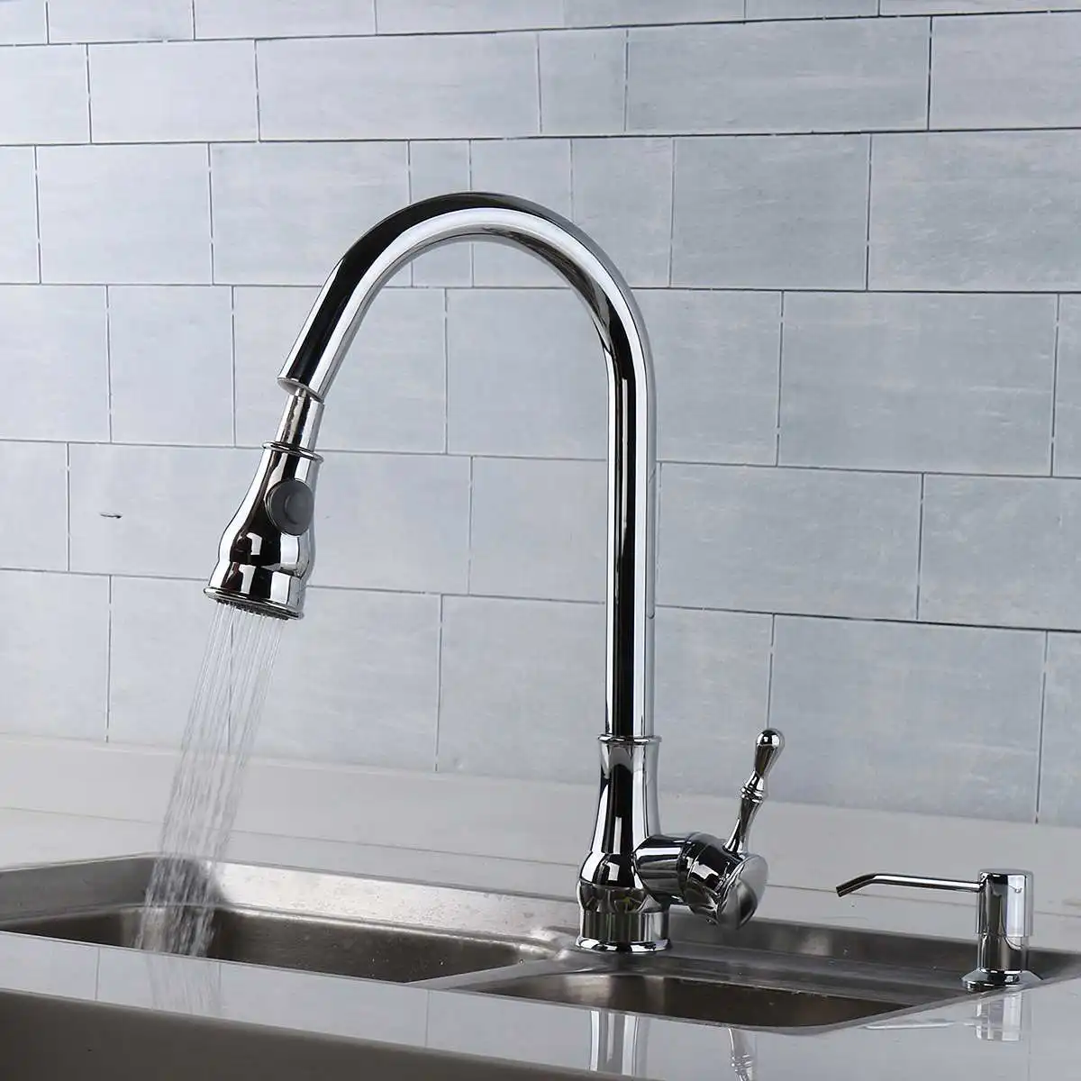 

Xueqin Chrome 360Rotation Pull Out Kitchen Sink Faucet Spray With Soap Dispenser Single Handle Mixer Tap Cold And Hot Water