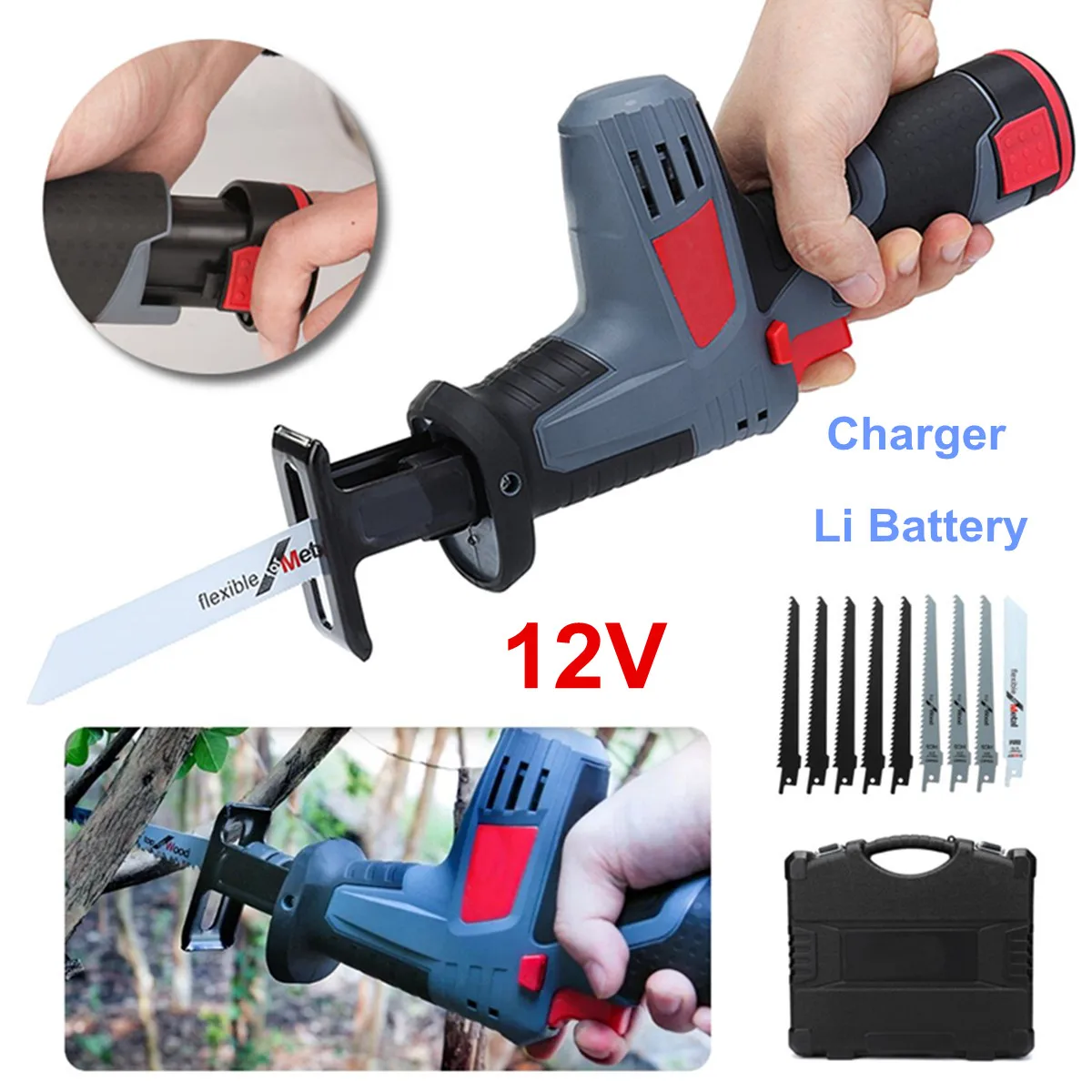 

12V Cordless Electric Saw Kit Power Reciprocating Saw Tool Kit Lithium Battery Saw Blades Power Tools Home DIY Woodworking