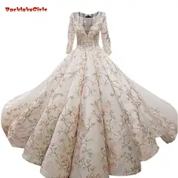 2018 арабский красочные кружева длинные рукав с накладной аппликацией невесты платье длинным шлейфом спинки волны бальное платье принцессы