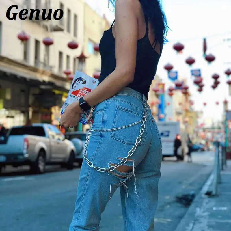 Genuo рваные джинсы Для женщин металлической цепью длинные брюки женские узкие Уличная Брюки 2018 осень-зима джинсы