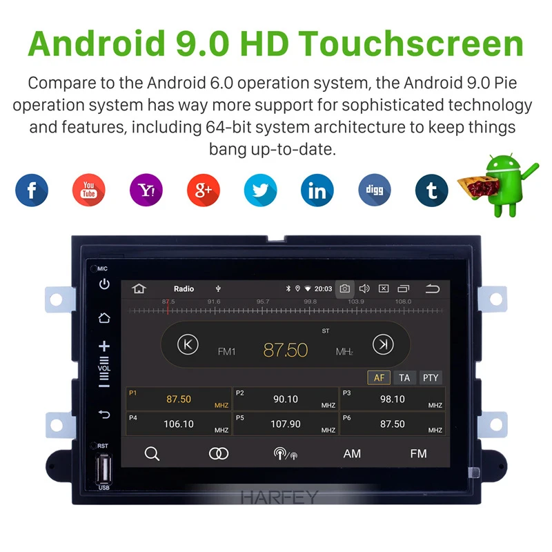 Harfey Car HD Android 9.0 Navi DVD GPS Dash Auto Radio for Ford Mustang 2005-2009 with 3G WiFi Blue