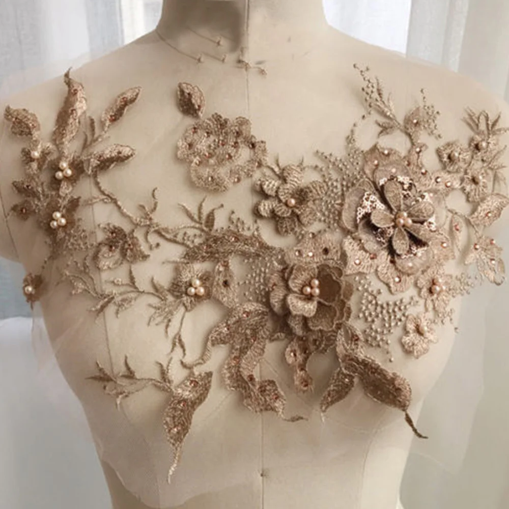 

3D Flower Embroidery Bridal Lace Applique Pearl Beaded Tulle DIY Wedding Dress Embroidery Bridal Lace DIY Apparel Accessories