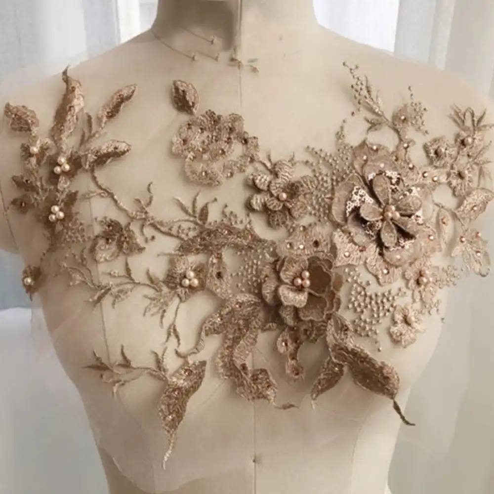 Color - Navy Blue 3D Flower Lace Embroidery Bridal Applique Beaded Pearl Tulle DIY Wedding Dress