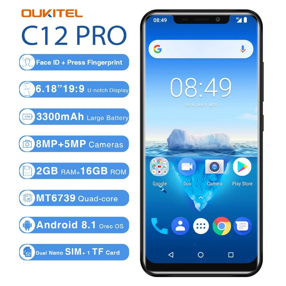 

OUKITEL C12 Pro 4G Smartphone 6.18"19:9 MT6739 Quad Core 2GB RAM 16GB ROM Android 8.1 8MP+2MP Face ID 3300mAh Fingerprint Phone