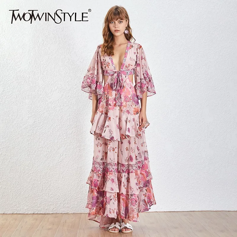 

TWOTWINSTYLE Sexy V Neck Dresses Women Ruffle Half Sleeve Hollow Out Ankle Length Print Dress Female 2019 Summer Casual Fashion