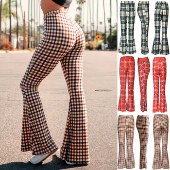 

Women Retro Plaid Pattern Bell-bottom Long Pants Ladies Casual High Waist Trousers