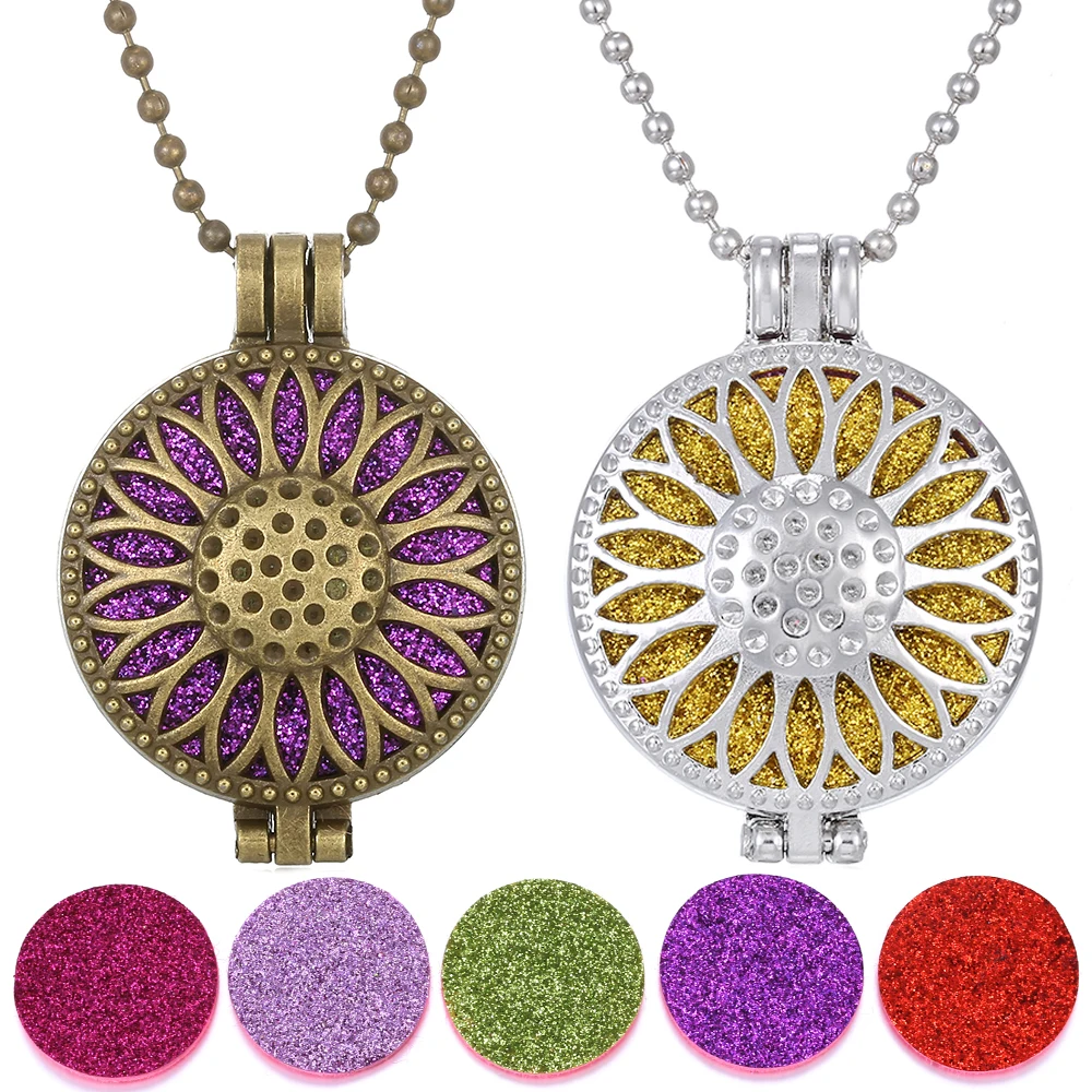 Aroma Diffuser Necklace Open Antique Lockets Sunflower Pendant Perfume