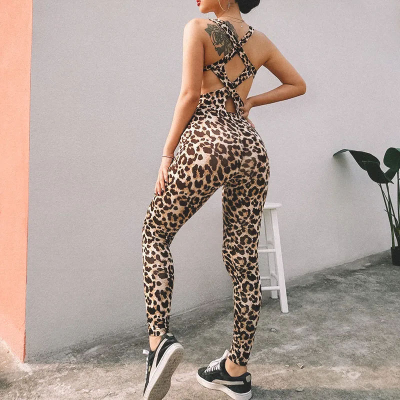 Toplook leopard jumpsuits hollow out print backless sexy women fashion spaghetti straps cross bandage body rompers