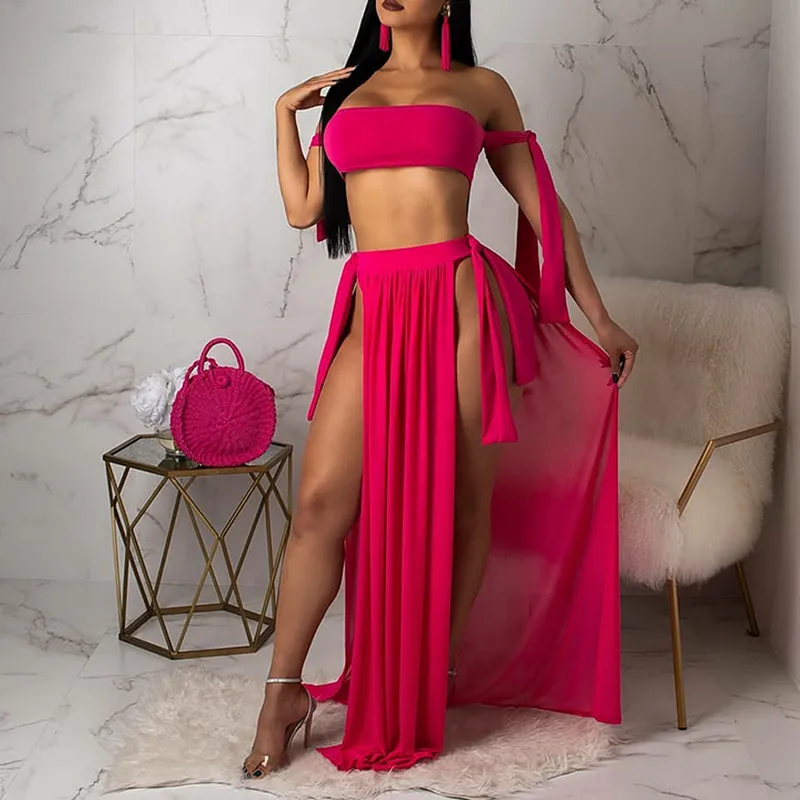 

Sexy Womens Swimsuit 2019 Off Shoulder Sheer Bikini Beach Long Wrap Dress Sarong Pareo Swimwear Solid Color Bathing Suit