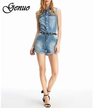 

Summer single-breasted sexy sleeveless waist jumpsuit slim denim shorts