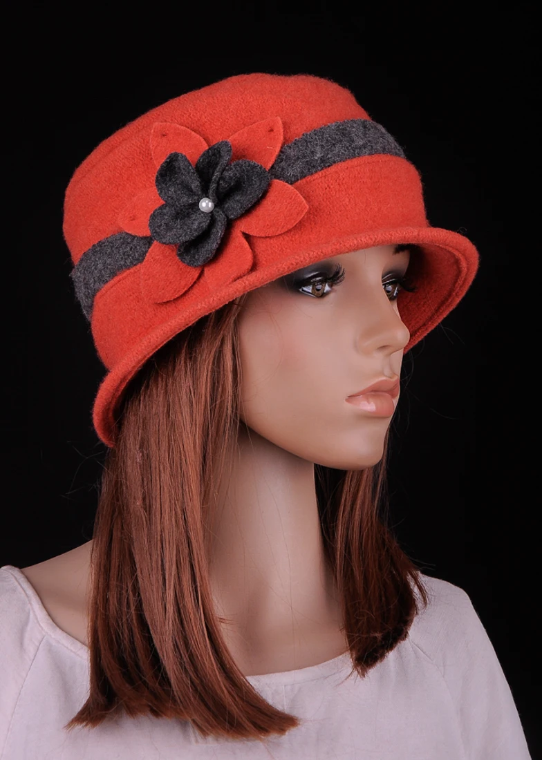 

M566 Women's Vintage Orange Wool Floral Beanie Embellishment Rosette Cloche Bucket Hat Winter Ca