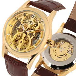 Роскошные золотые часы Скелетон для мужчин коричневый кожаный ремешок автоматические механические часы для мужчин стильные мужские