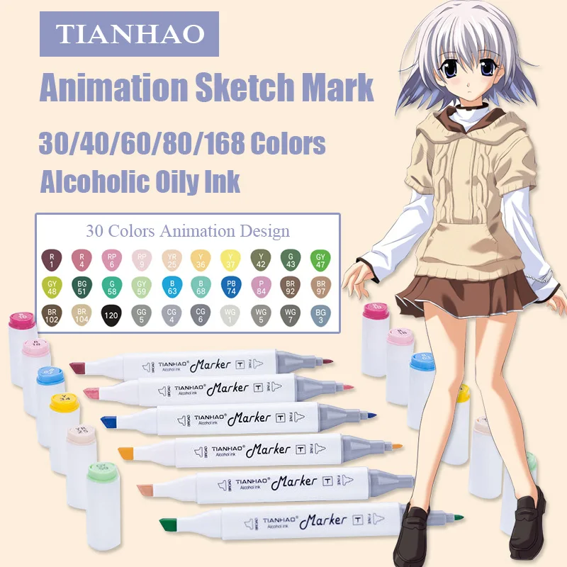 

Animation Design Markers Pen Set 30/40/60/80/168 Color Dual Head Alcohol Oily Based Sketching Brush Pen For Drawing Art Supplies