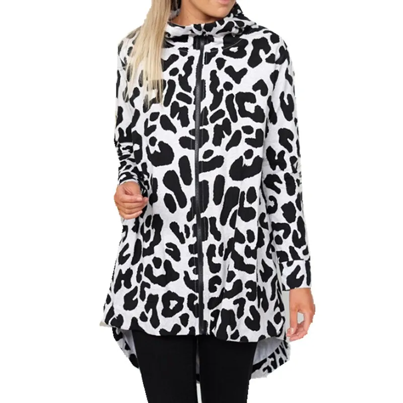 Fashion Women Jacket Coat Leopard Print Hooded Long Coat