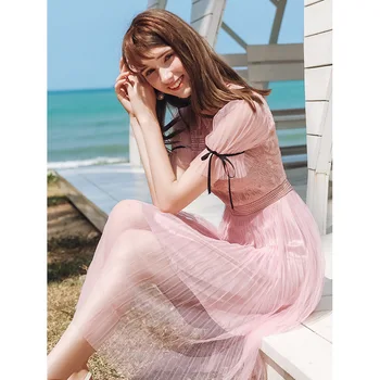 

2019 Summer New Style Boutique Women Solid Color Cutout Waist A-line dress Temperament Ladies Lace Dress 63217