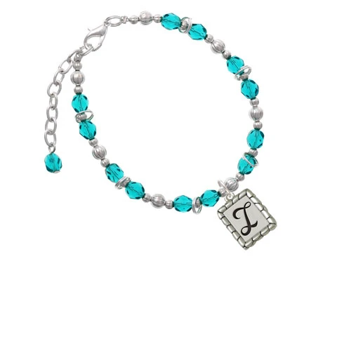 Silvertone Pebble Border Initial - I Teal Beaded Bracelet |