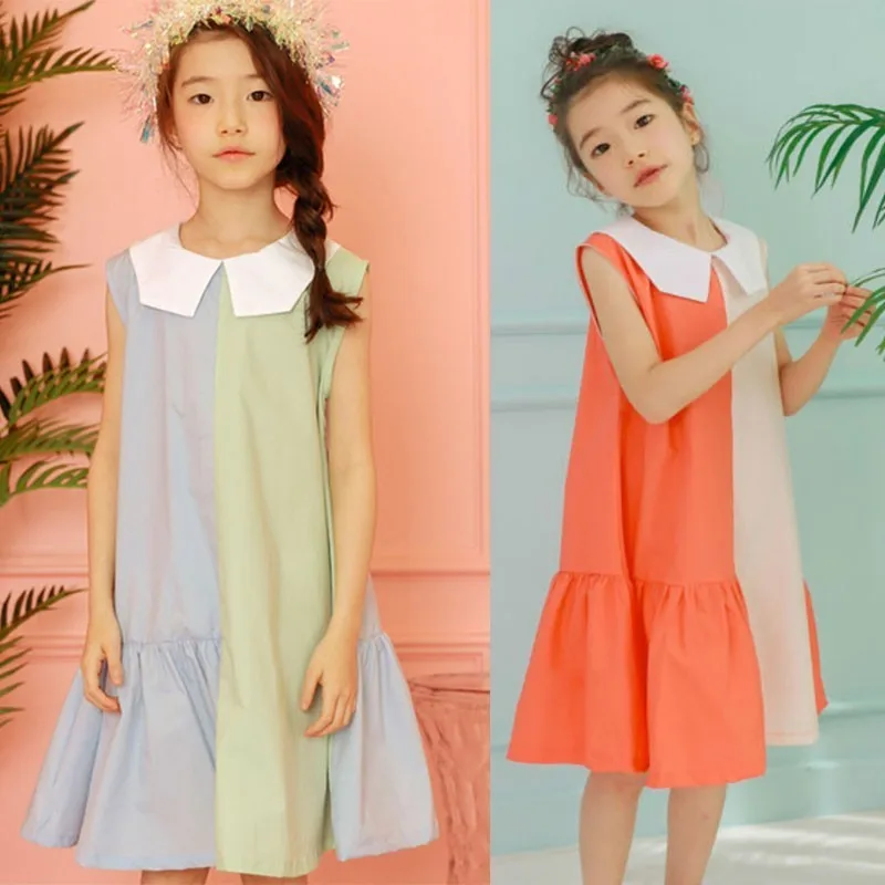 100% Cotton Patchwork Big Children Summer Dress Kids Dresses For Girls 2019 Peter Pant Collar Orange Blue Toddler Sundress Cute | Детская