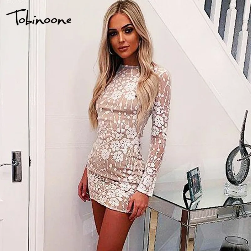 Tobinoone Floral Hollow Out Lace Dress Bodycon Sexy Club Mini Dress 2019 Spring White Women Elegant Dress Sequin Vestidos