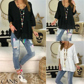 

Women's Summer Long Sleeve Lace Shirt Blouse Ruffle Ladies Loose V Neck Tops