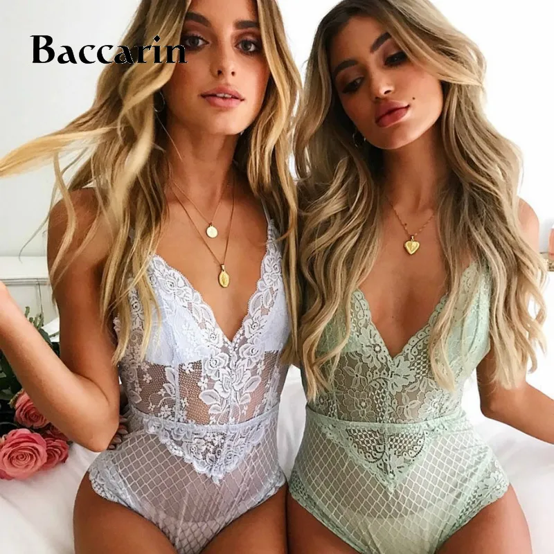 

Sexy Lace Bodysuit Embroidery Deep V Strap Perspective Rompers Women Jumpsuit Playsuit Combinaison Femme Jumpsuits