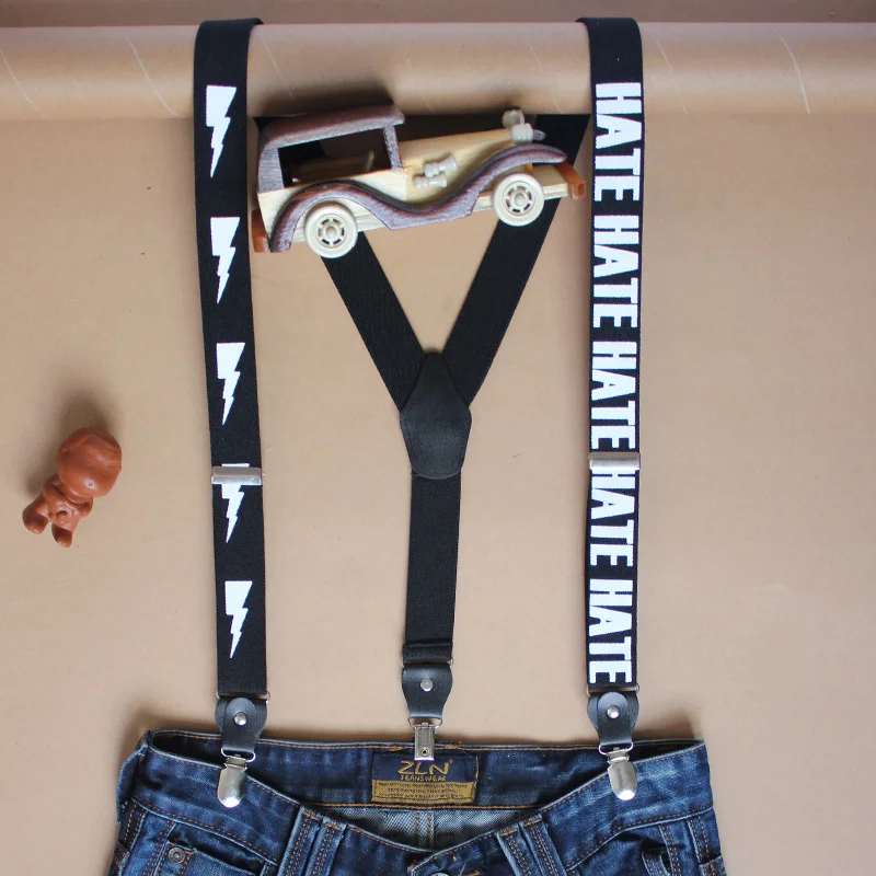 Hip Pop hosenträger Elastizität Leder Nähte 3 clips für frauen Jeans Brief & Blitz Muster Y-back hosenträger anzug tanzen