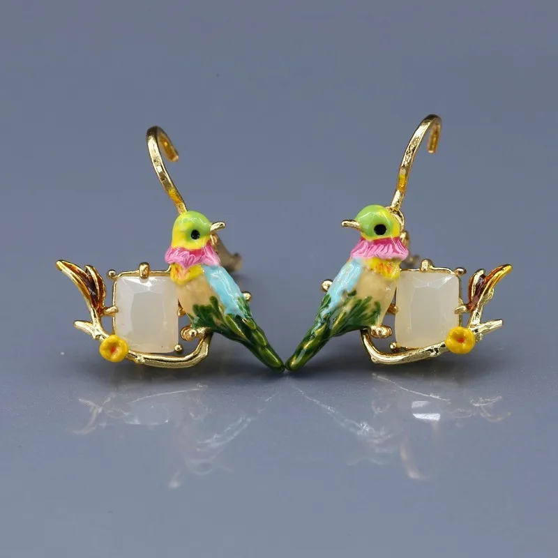 

Colorful Hummingbird Ear-hook Enamel Glaze Zirconium Yellow Flower Green Leaf Birdie Ear Nail Woman