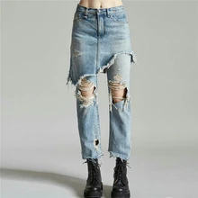 Новая мода сплайсированные уникальные индивидуальные брюки Темперамент Нерегулярные поддельные из двух частей отверстие джинсы повседневные женские брюки весна лето