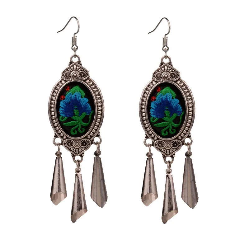 

Ethnic Tribal Embroidered Blue Flower Oval Drop Dangle Earrings For Women New Fashion Jewelry 2019