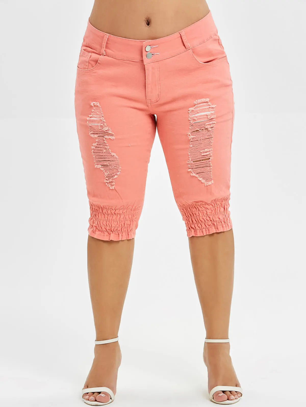Rosegal Plus Size Distressed Knee Length Jeans Zipper Fly Solid Straight Pant Mid Waist Skinny Jeans Women Summer Bottom 2019
