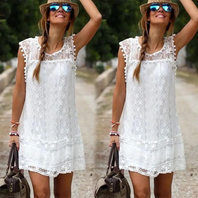 New Arrivals Women Solid White Lace Beach Dress Sexy Hollow Out Plus Size Mini Dresses Vestidos