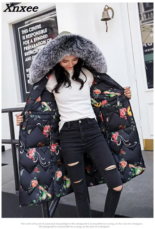 

Winter women long coat jacket casual slim long sleeve fur collar parkas female warm coat thickened two side wear print outerwear