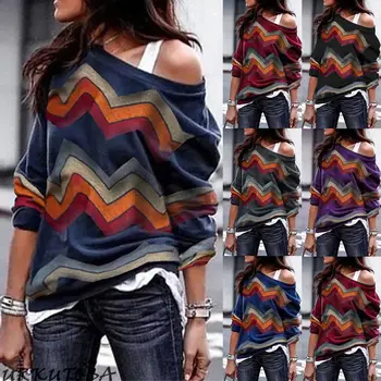 

New Fashion Casual Fall Women Long Sleeve T Shirt Tops Off Shoulder Tops Printed Loose T Shirts