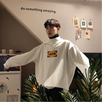 

2019 Spring Korean Campus Trendy Turtleneck Hoodies Men Long Sleeve Casual Loose Solid Color Round Neck Sports Pullover