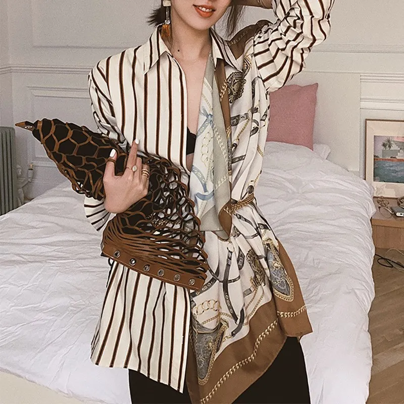 

New Women Lapel Long Sleeve Stripe Print Patchwork Blouse Casual Pattern Split Joint Irregular Hem Shirt Elegant Sashes Shirts