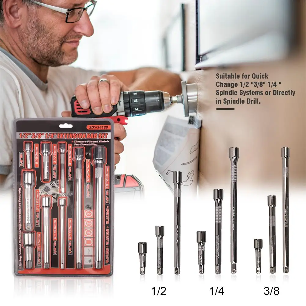 

9PCS Sleeve Extension Rod Set Mirror Polishing Multi-Function Set 1/2" 3/8" 1/4" Hex Handle Square Head Sleeve