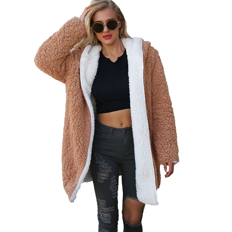 

Long Thick Faux Fur Coat Winter Casual Jacket Female Two-side Hooded Plus Size Outerwear For Ladies 2019 Fashion Faux Fur Jacket