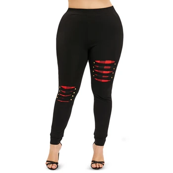 

VESTLINDA Plus Size Leggings Women Sexy Fitness Ripped Plaid Panel Leggings Big Size 5XL 2018 Summer Women Workout Leggings