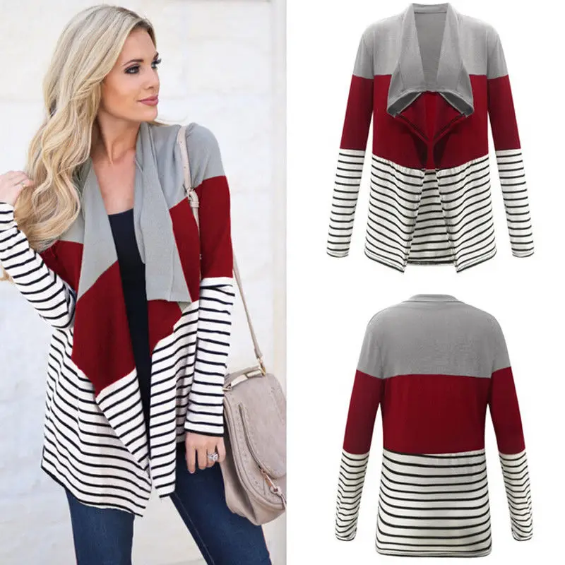 

Fashion Women Autumn Spring Baggy Cardigans Waterfall Knitted Oversized Sweater Jumper High Street Striped Patchwork Outwear