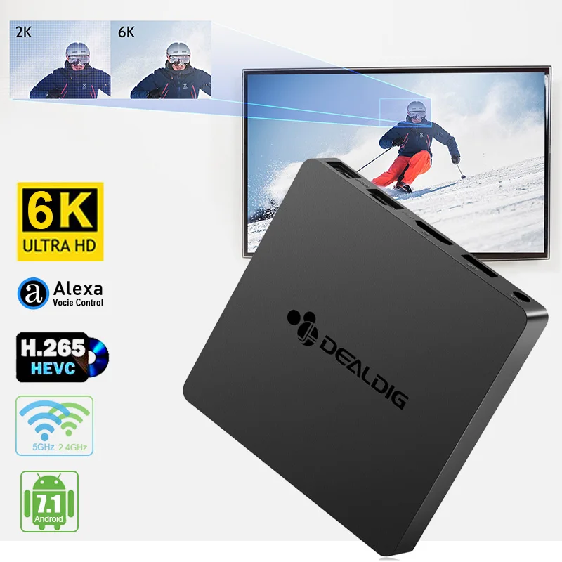

DEALDIG 6K HD TV Box (Alexa Voice Control, Android 7.1OS, Allwinner H6 Quad Core CPU, Mali-T720 MP2 GPU, 2G/16G, 2.4G/5.8G WiFi)